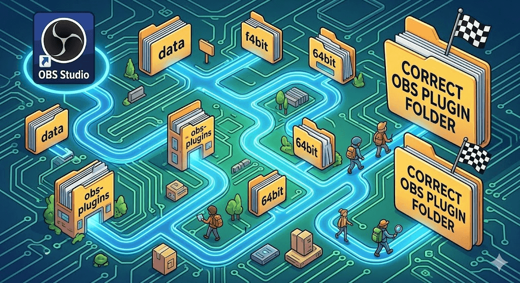 OBS plugin folder view showing installation path checks for the correct OBS environment