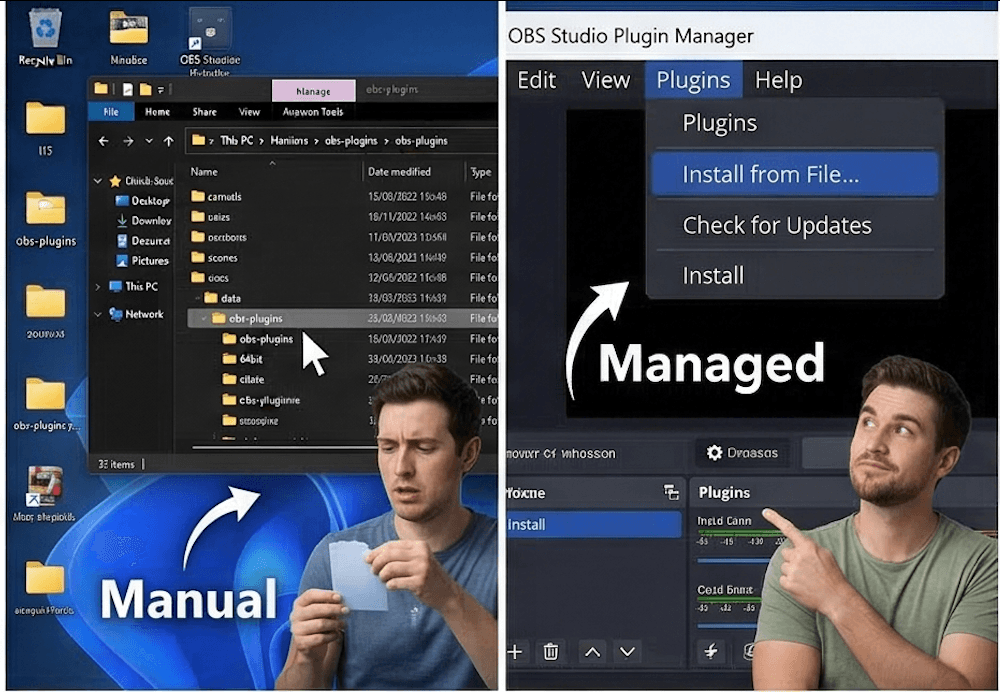Comparison view between manual OBS plugin installation and a managed plugin workflow