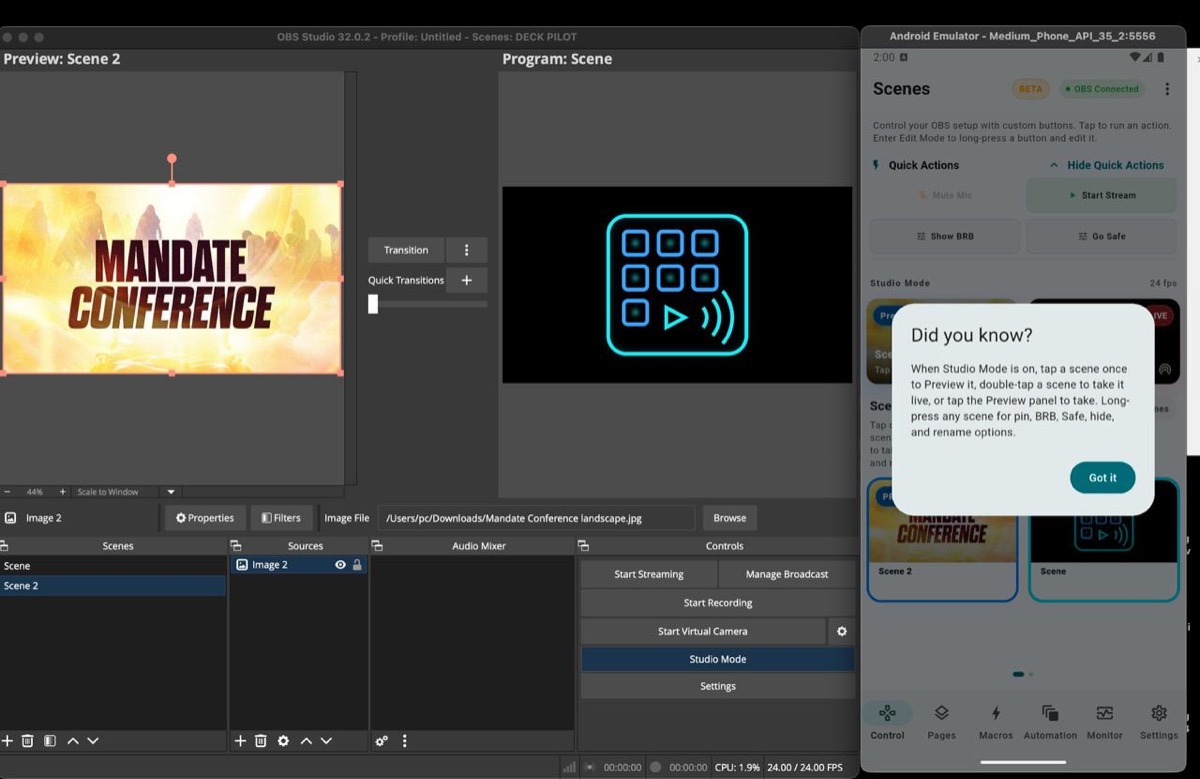 DeckPilot controlling OBS during a livestream setup