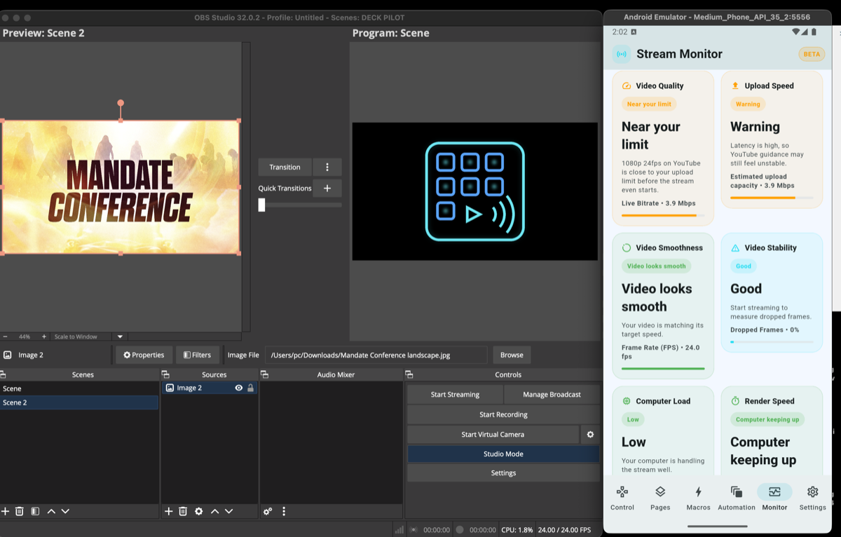DeckPilot stream health monitoring dashboard for OBS