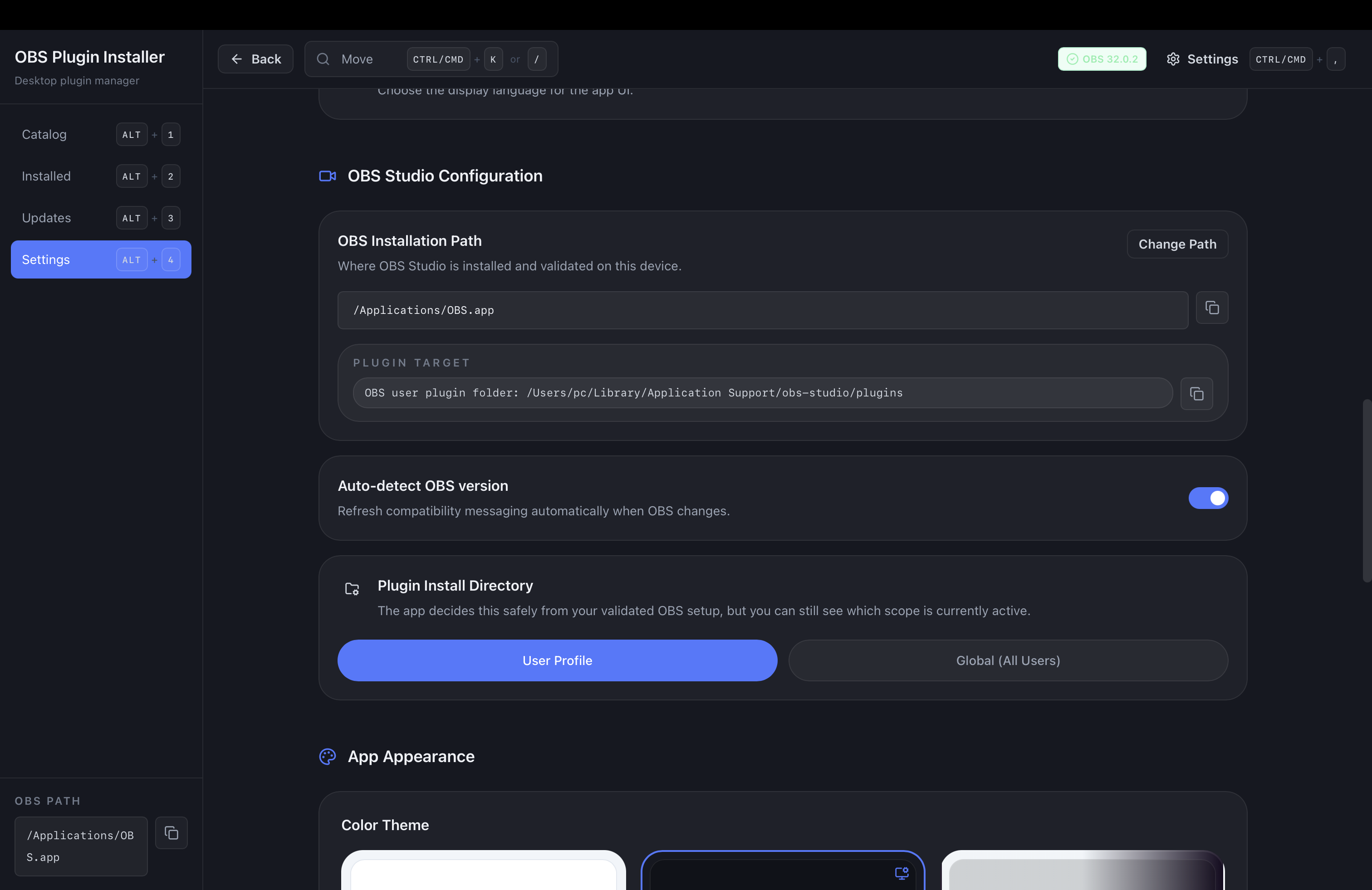 OBS Plugin Installer settings page showing OBS path and plugin install directory