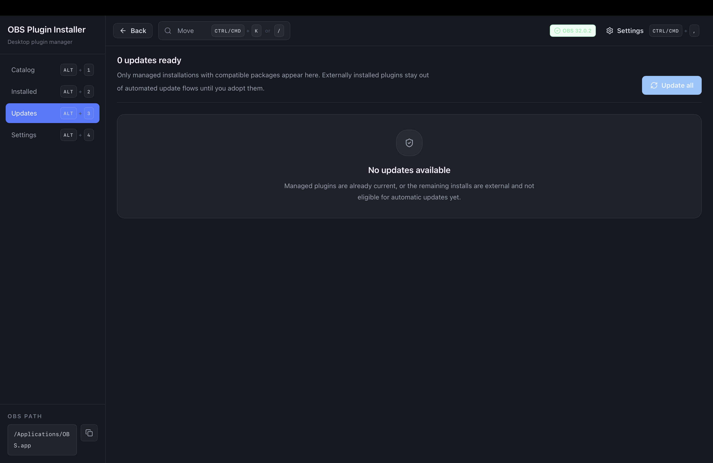 OBS Plugin Installer updates page for OBS plugin version monitoring